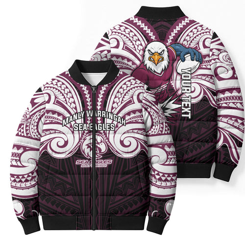 Custom Manly Warringah Sea Eagles Bomber Puffer Jacket Sea Eagle Warrior Polynesia Islander Rugby Mascot