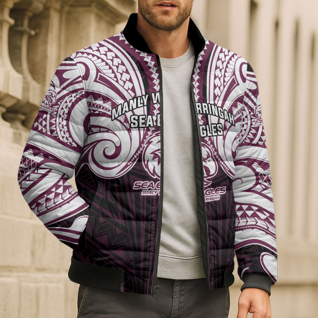 Custom Manly Warringah Sea Eagles Bomber Puffer Jacket Sea Eagle Warrior Polynesia Islander Rugby Mascot
