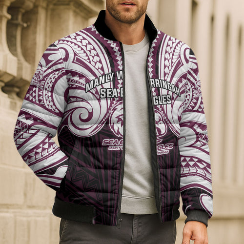 Custom Manly Warringah Sea Eagles Bomber Puffer Jacket Sea Eagle Warrior Polynesia Islander Rugby Mascot