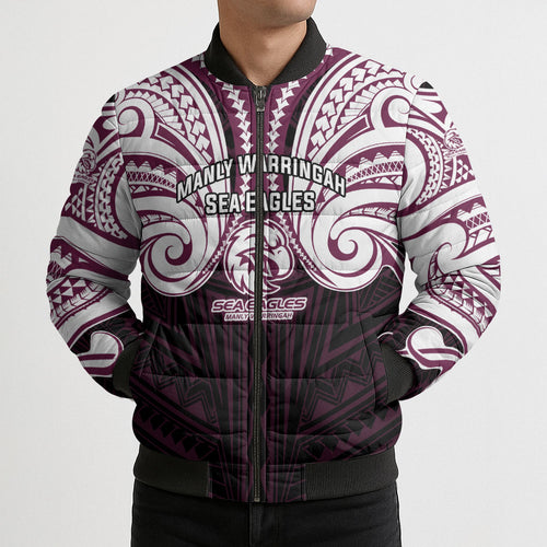 Custom Manly Warringah Sea Eagles Bomber Puffer Jacket Sea Eagle Warrior Polynesia Islander Rugby Mascot