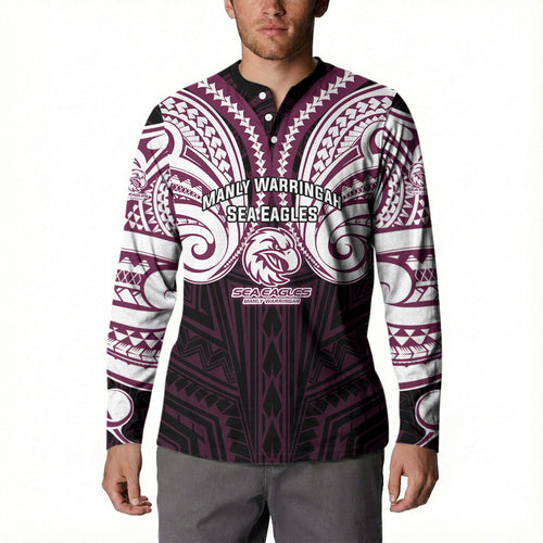 Custom Manly Warringah Sea Eagles Button Sweatshirt Sea Eagle Warrior Polynesia Islander Rugby Mascot