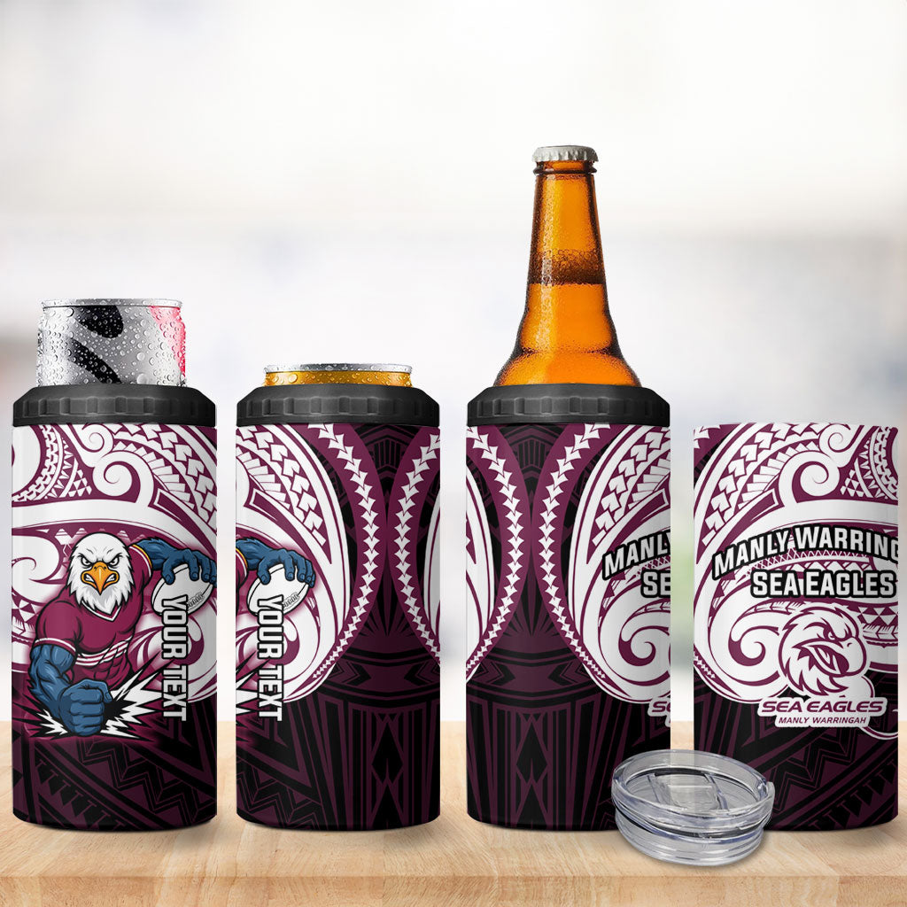 Custom Manly Warringah Sea Eagles 4 in 1 Can Cooler Tumbler Sea Eagle Warrior Polynesia Islander Rugby Mascot