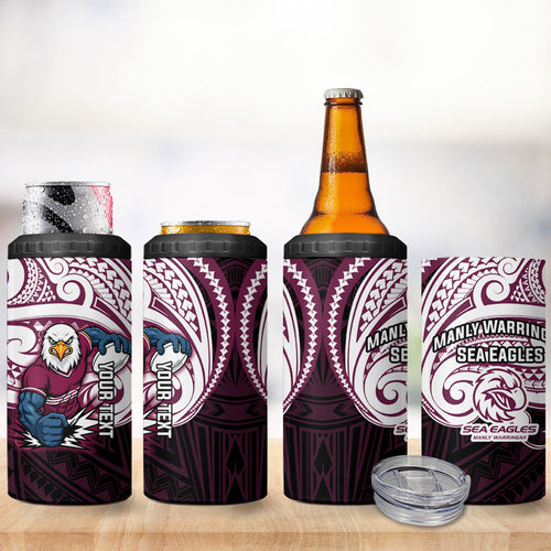 Custom Manly Warringah Sea Eagles 4 in 1 Can Cooler Tumbler Sea Eagle Warrior Polynesia Islander Rugby Mascot