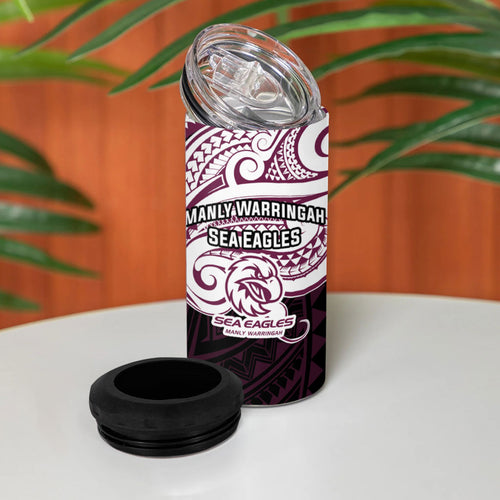 Custom Manly Warringah Sea Eagles 4 in 1 Can Cooler Tumbler Sea Eagle Warrior Polynesia Islander Rugby Mascot