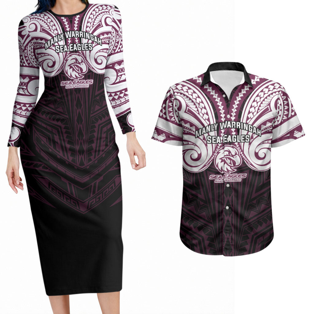Custom Manly Warringah Sea Eagles Couples Matching Long Sleeve Bodycon Dress and Hawaiian Shirt Sea Eagle Warrior Polynesia Islander Rugby Mascot