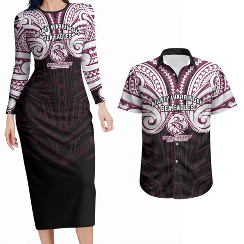 Custom Manly Warringah Sea Eagles Couples Matching Long Sleeve Bodycon Dress and Hawaiian Shirt Sea Eagle Warrior Polynesia Islander Rugby Mascot