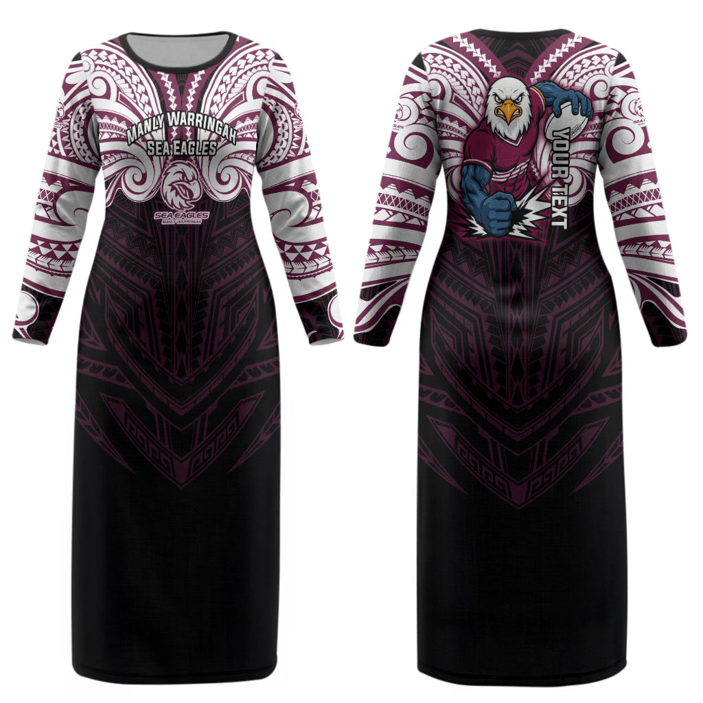 Custom Manly Warringah Sea Eagles Couples Matching Long Sleeve Bodycon Dress and Hawaiian Shirt Sea Eagle Warrior Polynesia Islander Rugby Mascot