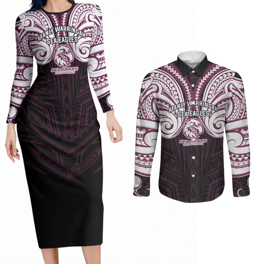 Custom Manly Warringah Sea Eagles Couples Matching Long Sleeve Bodycon Dress and Long Sleeve Button Shirt Sea Eagle Warrior Polynesia Islander Rugby Mascot