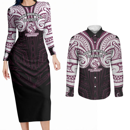 Custom Manly Warringah Sea Eagles Couples Matching Long Sleeve Bodycon Dress and Long Sleeve Button Shirt Sea Eagle Warrior Polynesia Islander Rugby Mascot