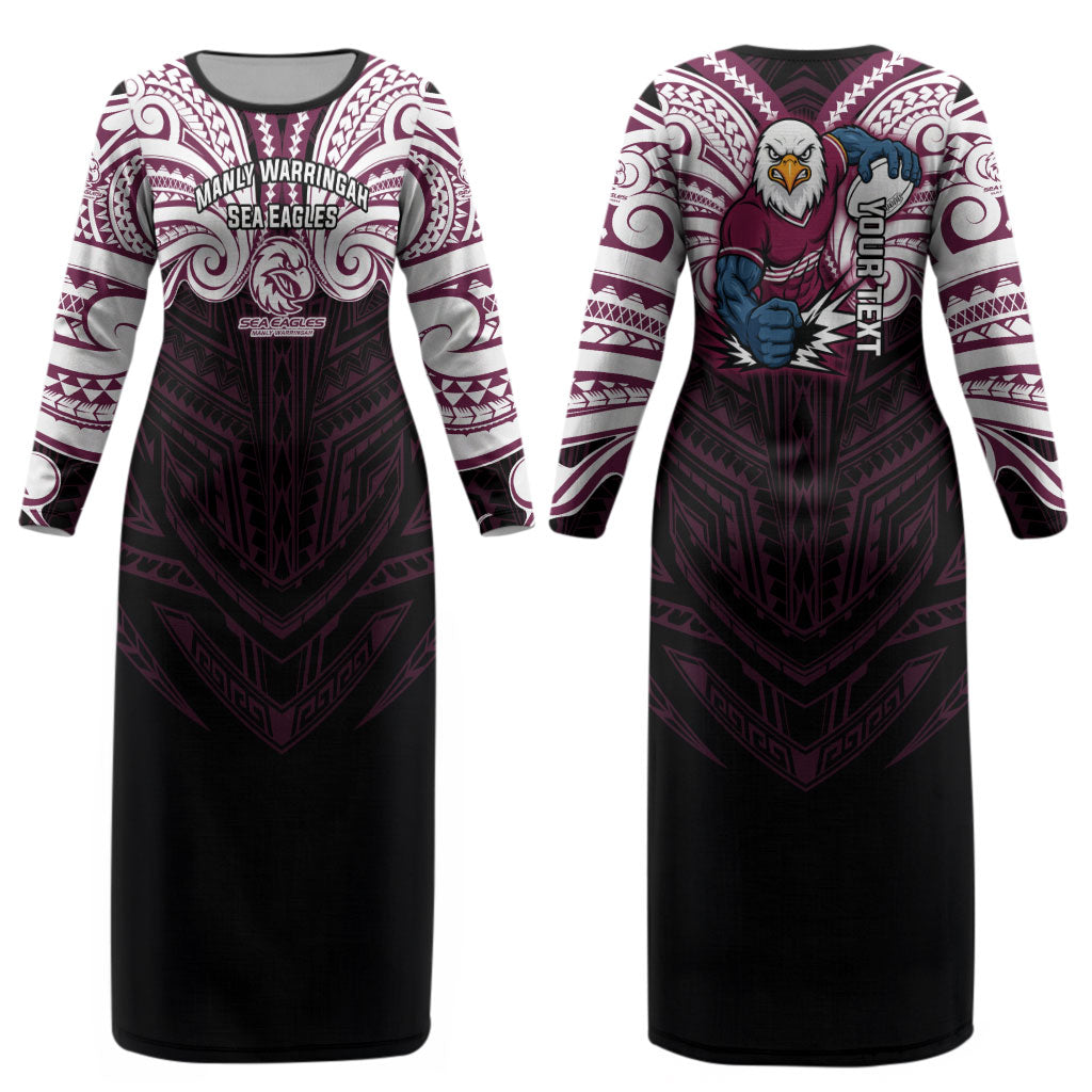 Custom Manly Warringah Sea Eagles Couples Matching Long Sleeve Bodycon Dress and Long Sleeve Button Shirt Sea Eagle Warrior Polynesia Islander Rugby Mascot