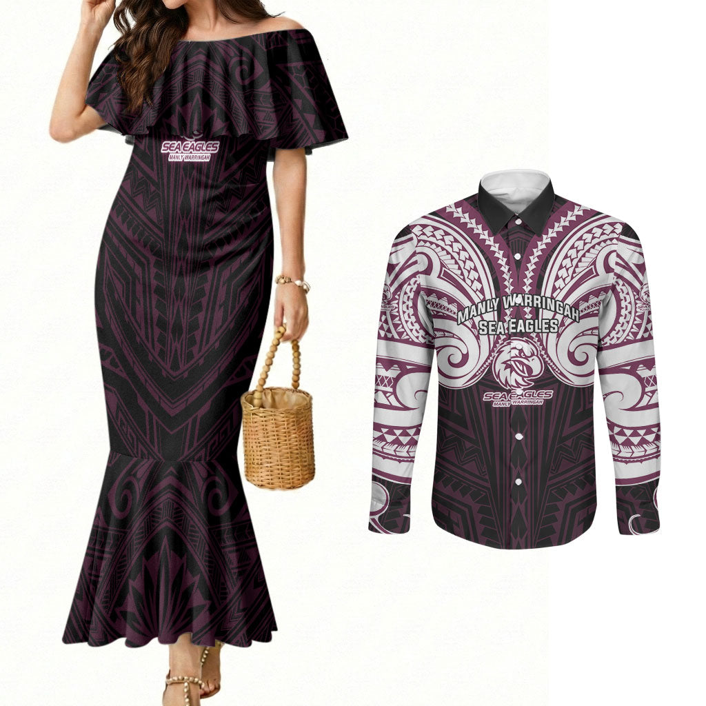 Custom Manly Warringah Sea Eagles Couples Matching Mermaid Dress and Long Sleeve Button Shirt Sea Eagle Warrior Polynesia Islander Rugby Mascot