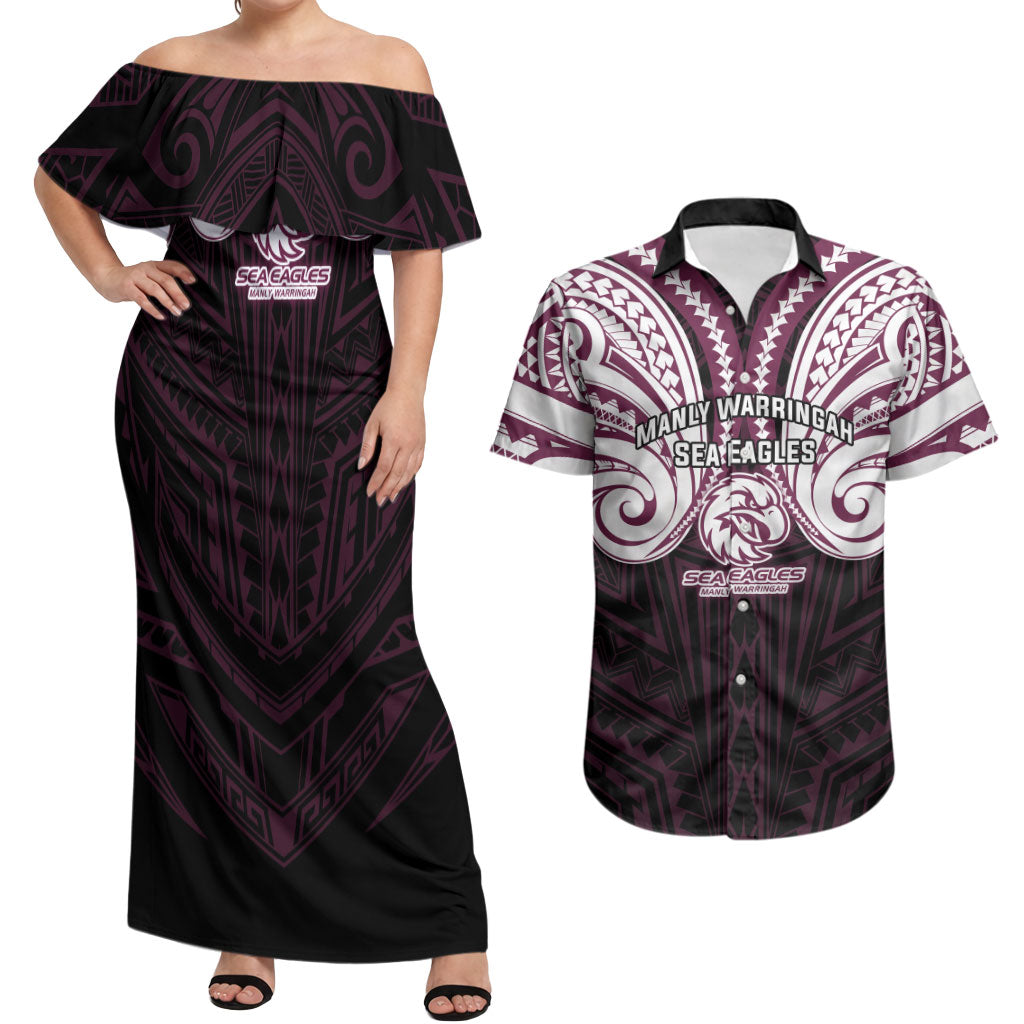 Custom Manly Warringah Sea Eagles Couples Matching Off Shoulder Maxi Dress and Hawaiian Shirt Sea Eagle Warrior Polynesia Islander Rugby Mascot