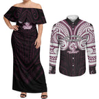 Custom Manly Warringah Sea Eagles Couples Matching Off Shoulder Maxi Dress and Long Sleeve Button Shirt Sea Eagle Warrior Polynesia Islander Rugby Mascot