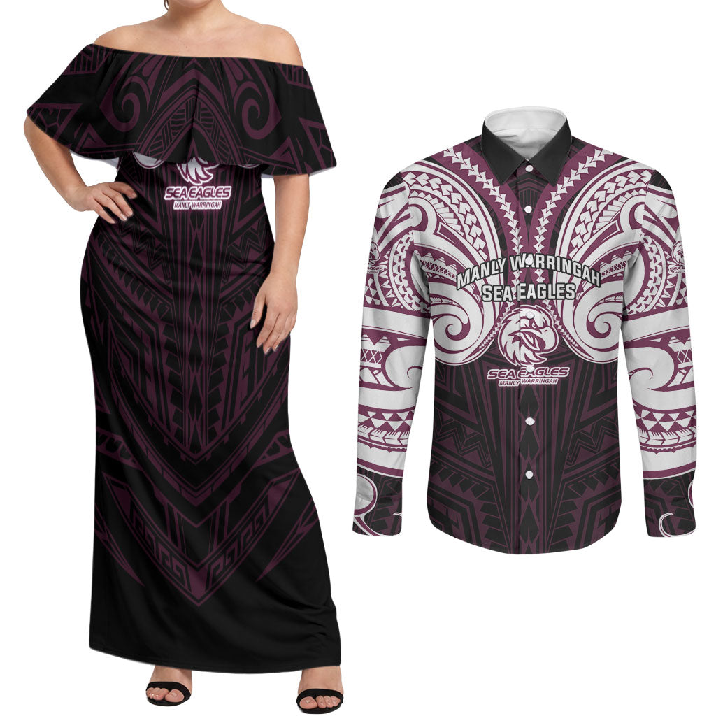 Custom Manly Warringah Sea Eagles Couples Matching Off Shoulder Maxi Dress and Long Sleeve Button Shirt Sea Eagle Warrior Polynesia Islander Rugby Mascot