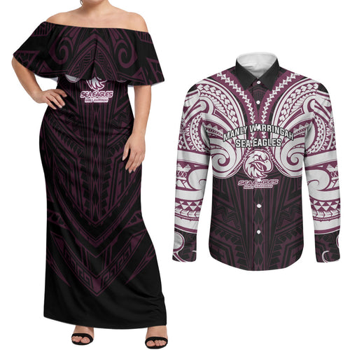Custom Manly Warringah Sea Eagles Couples Matching Off Shoulder Maxi Dress and Long Sleeve Button Shirt Sea Eagle Warrior Polynesia Islander Rugby Mascot
