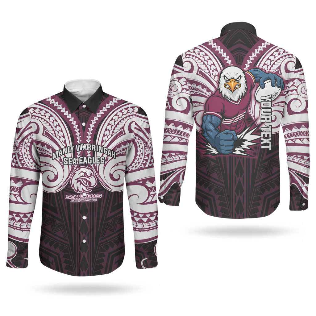 Custom Manly Warringah Sea Eagles Couples Matching Off Shoulder Maxi Dress and Long Sleeve Button Shirt Sea Eagle Warrior Polynesia Islander Rugby Mascot