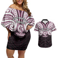 Custom Manly Warringah Sea Eagles Couples Matching Off Shoulder Short Dress and Hawaiian Shirt Sea Eagle Warrior Polynesia Islander Rugby Mascot