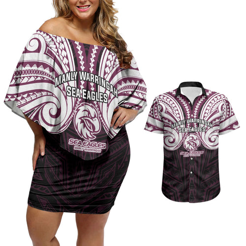 Custom Manly Warringah Sea Eagles Couples Matching Off Shoulder Short Dress and Hawaiian Shirt Sea Eagle Warrior Polynesia Islander Rugby Mascot
