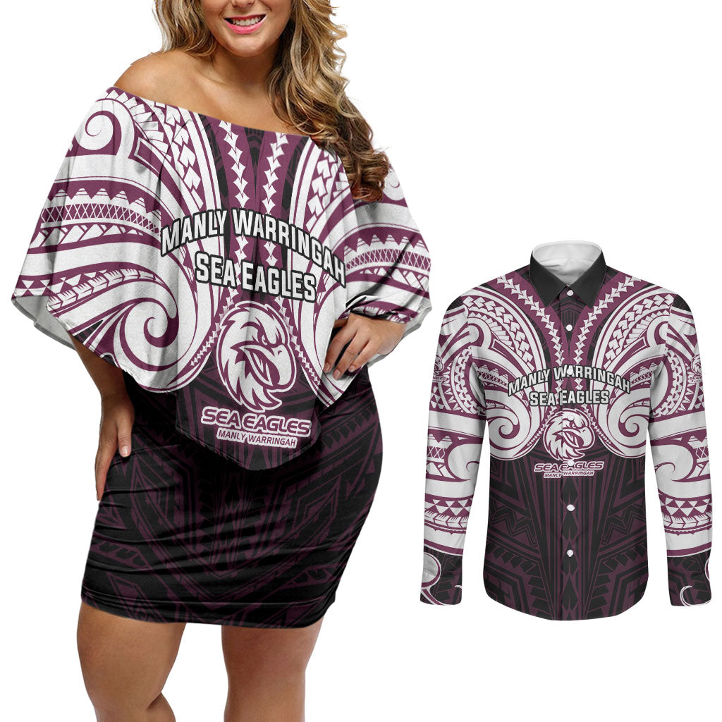 Custom Manly Warringah Sea Eagles Couples Matching Off Shoulder Short Dress and Long Sleeve Button Shirt Sea Eagle Warrior Polynesia Islander Rugby Mascot