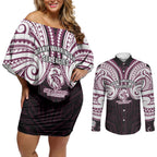 Custom Manly Warringah Sea Eagles Couples Matching Off Shoulder Short Dress and Long Sleeve Button Shirt Sea Eagle Warrior Polynesia Islander Rugby Mascot