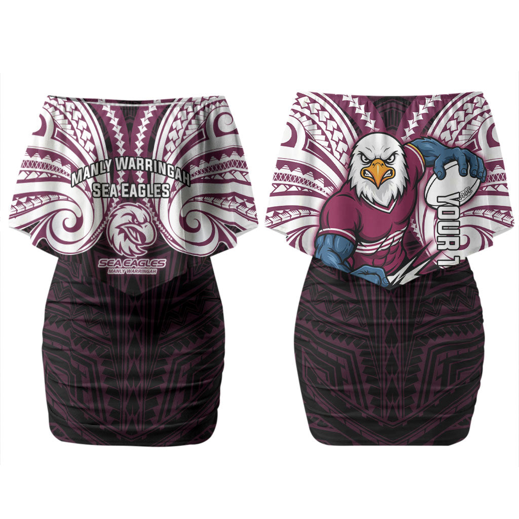 Custom Manly Warringah Sea Eagles Couples Matching Off Shoulder Short Dress and Long Sleeve Button Shirt Sea Eagle Warrior Polynesia Islander Rugby Mascot