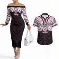 Custom Manly Warringah Sea Eagles Couples Matching Off The Shoulder Long Sleeve Dress and Hawaiian Shirt Sea Eagle Warrior Polynesia Islander Rugby Mascot