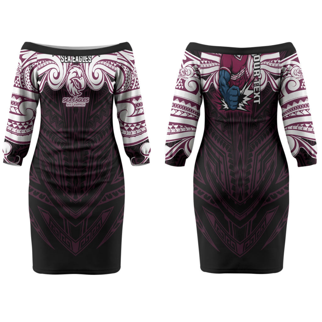 Custom Manly Warringah Sea Eagles Couples Matching Off The Shoulder Long Sleeve Dress and Hawaiian Shirt Sea Eagle Warrior Polynesia Islander Rugby Mascot