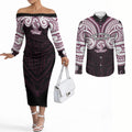 Custom Manly Warringah Sea Eagles Couples Matching Off The Shoulder Long Sleeve Dress and Long Sleeve Button Shirt Sea Eagle Warrior Polynesia Islander Rugby Mascot