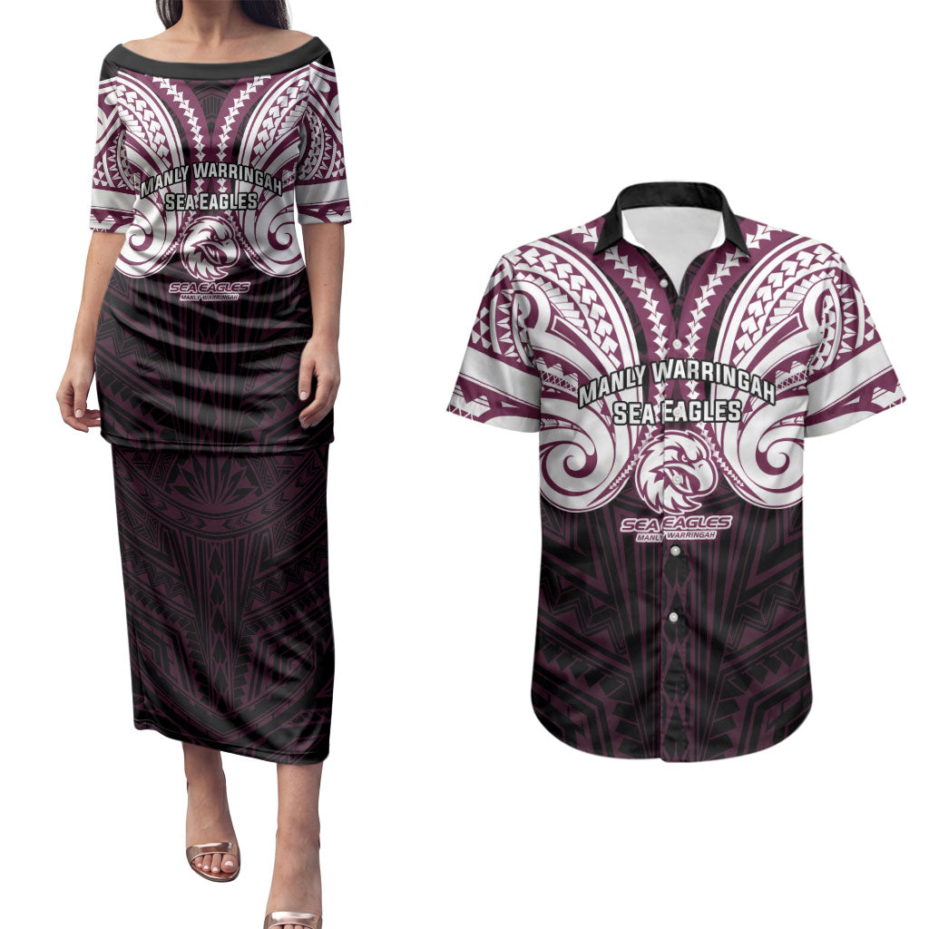 Custom Manly Warringah Sea Eagles Couples Matching Puletasi and Hawaiian Shirt Sea Eagle Warrior Polynesia Islander Rugby Mascot