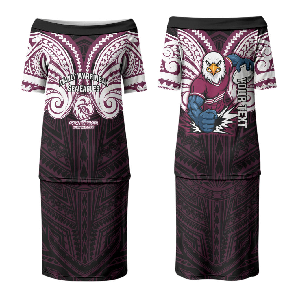 Custom Manly Warringah Sea Eagles Couples Matching Puletasi and Long Sleeve Button Shirt Sea Eagle Warrior Polynesia Islander Rugby Mascot