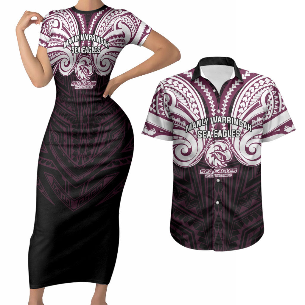 Custom Manly Warringah Sea Eagles Couples Matching Short Sleeve Bodycon Dress and Hawaiian Shirt Sea Eagle Warrior Polynesia Islander Rugby Mascot