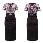 Custom Manly Warringah Sea Eagles Couples Matching Short Sleeve Bodycon Dress and Hawaiian Shirt Sea Eagle Warrior Polynesia Islander Rugby Mascot
