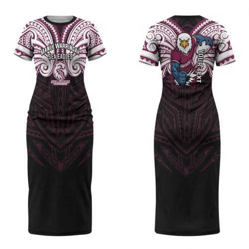Custom Manly Warringah Sea Eagles Couples Matching Short Sleeve Bodycon Dress and Hawaiian Shirt Sea Eagle Warrior Polynesia Islander Rugby Mascot
