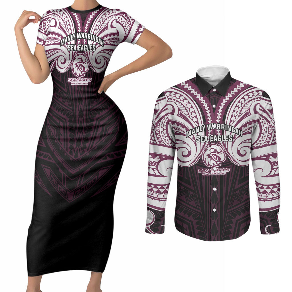 Custom Manly Warringah Sea Eagles Couples Matching Short Sleeve Bodycon Dress and Long Sleeve Button Shirt Sea Eagle Warrior Polynesia Islander Rugby Mascot