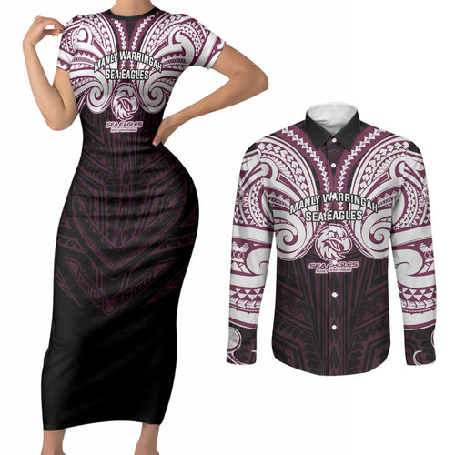 Custom Manly Warringah Sea Eagles Couples Matching Short Sleeve Bodycon Dress and Long Sleeve Button Shirt Sea Eagle Warrior Polynesia Islander Rugby Mascot