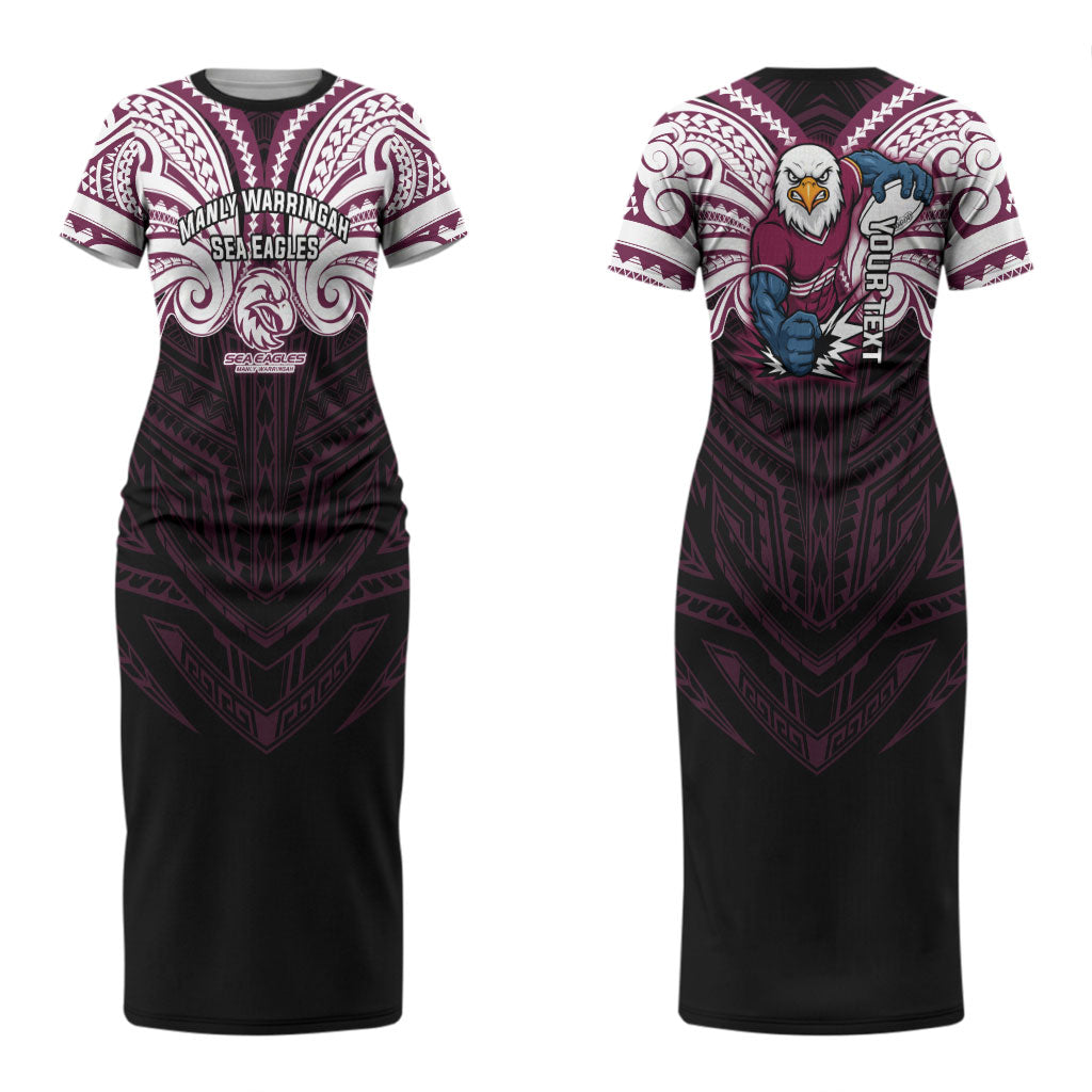 Custom Manly Warringah Sea Eagles Couples Matching Short Sleeve Bodycon Dress and Long Sleeve Button Shirt Sea Eagle Warrior Polynesia Islander Rugby Mascot