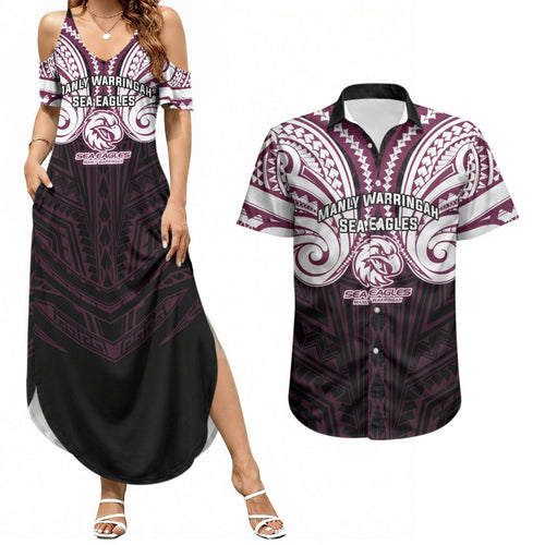 Custom Manly Warringah Sea Eagles Couples Matching Summer Maxi Dress and Hawaiian Shirt Sea Eagle Warrior Polynesia Islander Rugby Mascot