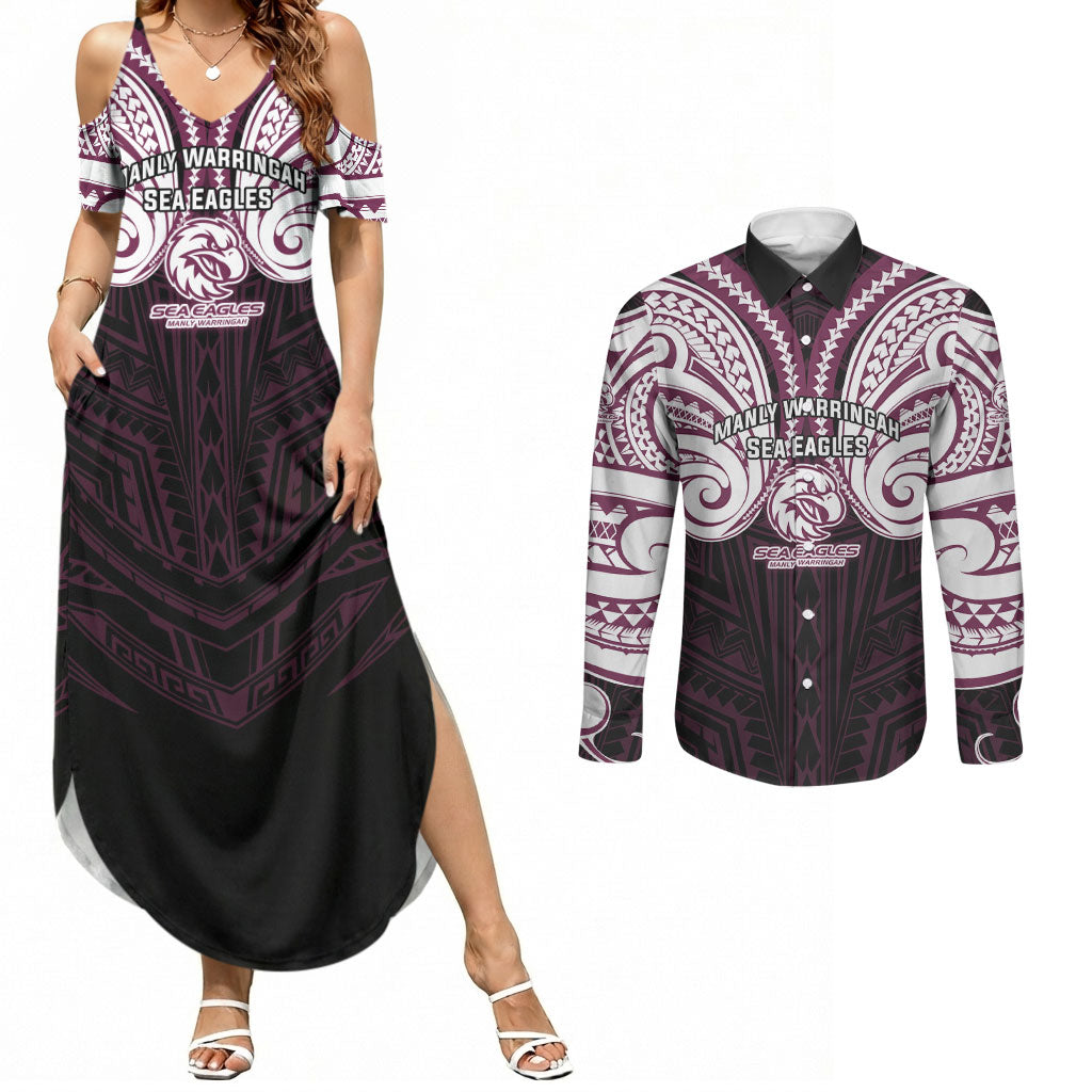 Custom Manly Warringah Sea Eagles Couples Matching Summer Maxi Dress and Long Sleeve Button Shirt Sea Eagle Warrior Polynesia Islander Rugby Mascot