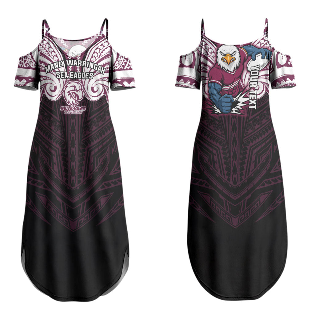 Custom Manly Warringah Sea Eagles Couples Matching Summer Maxi Dress and Long Sleeve Button Shirt Sea Eagle Warrior Polynesia Islander Rugby Mascot