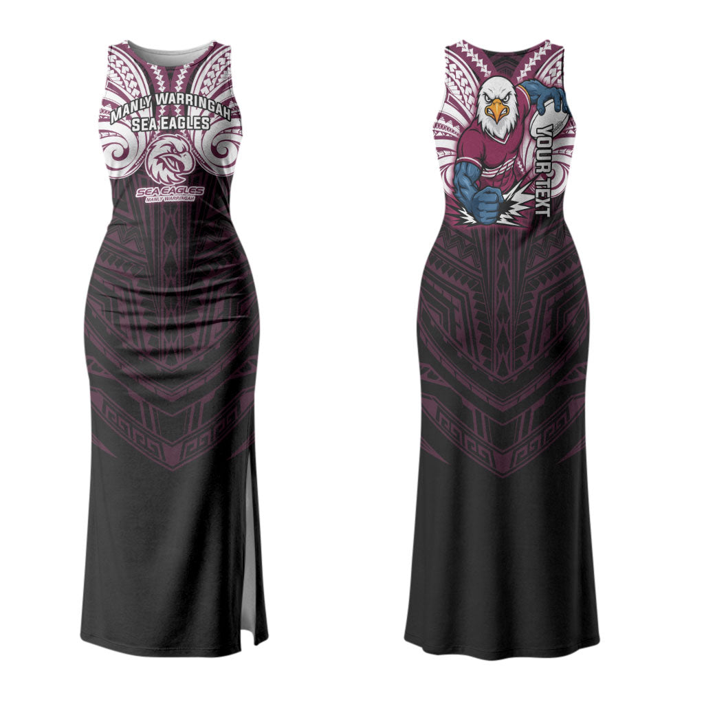 Custom Manly Warringah Sea Eagles Couples Matching Tank Maxi Dress and Long Sleeve Button Shirt Sea Eagle Warrior Polynesia Islander Rugby Mascot