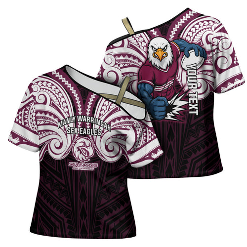 Custom Manly Warringah Sea Eagles Cross Shoulder Shirt Sea Eagle Warrior Polynesia Islander Rugby Mascot