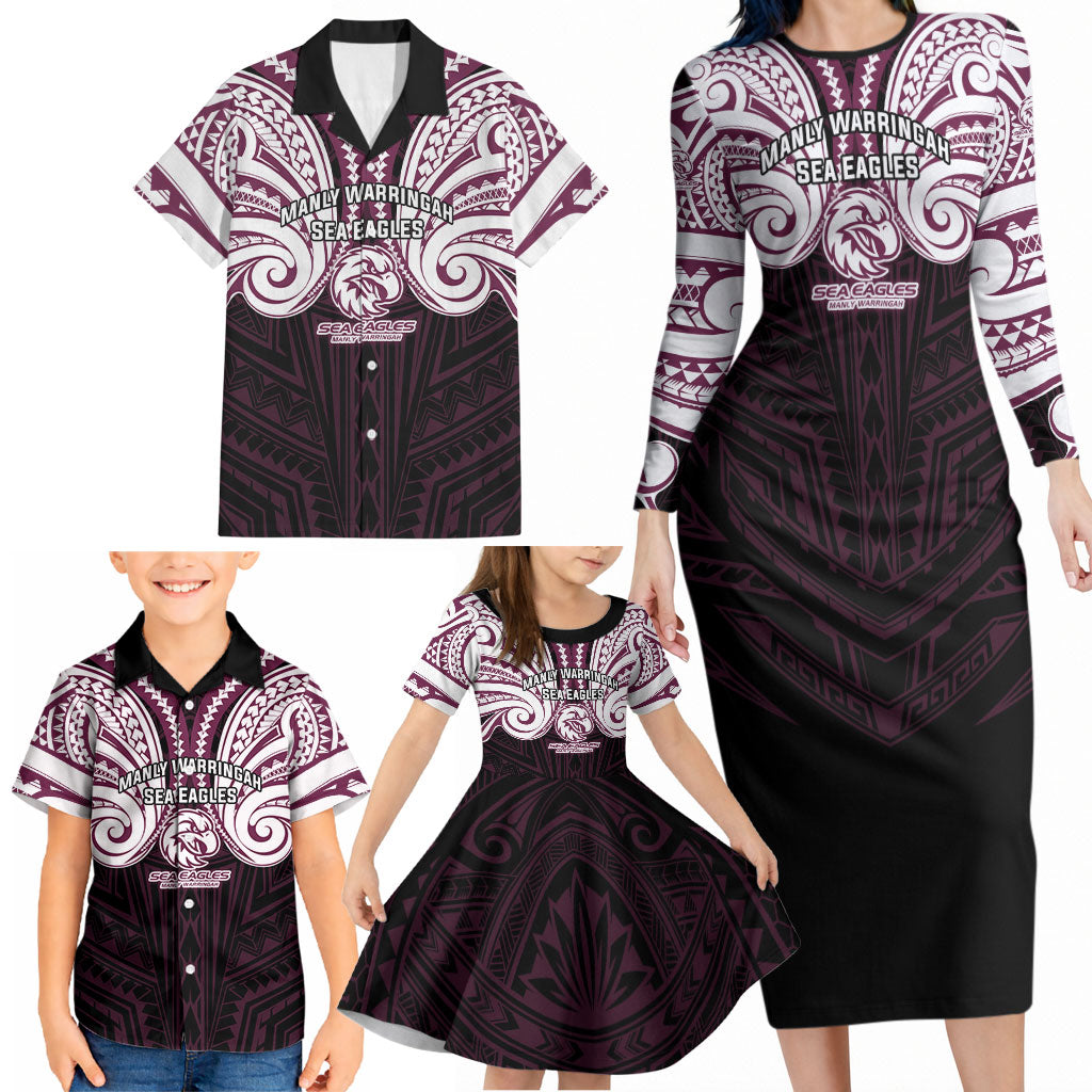 Custom Manly Warringah Sea Eagles Family Matching Long Sleeve Bodycon Dress and Hawaiian Shirt Sea Eagle Warrior Polynesia Islander Rugby Mascot