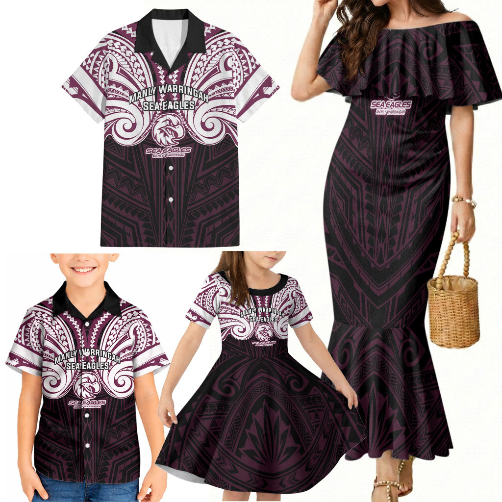 Custom Manly Warringah Sea Eagles Family Matching Mermaid Dress and Hawaiian Shirt Sea Eagle Warrior Polynesia Islander Rugby Mascot