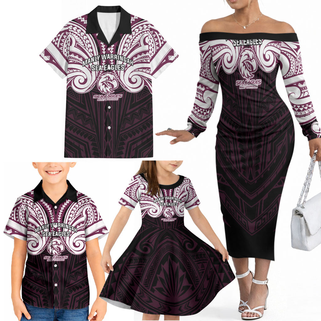 Custom Manly Warringah Sea Eagles Family Matching Off The Shoulder Long Sleeve Dress and Hawaiian Shirt Sea Eagle Warrior Polynesia Islander Rugby Mascot