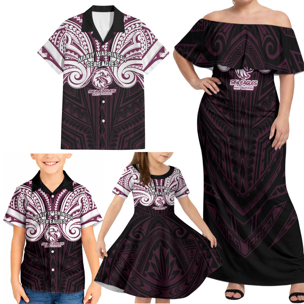 Custom Manly Warringah Sea Eagles Family Matching Off Shoulder Maxi Dress and Hawaiian Shirt Sea Eagle Warrior Polynesia Islander Rugby Mascot
