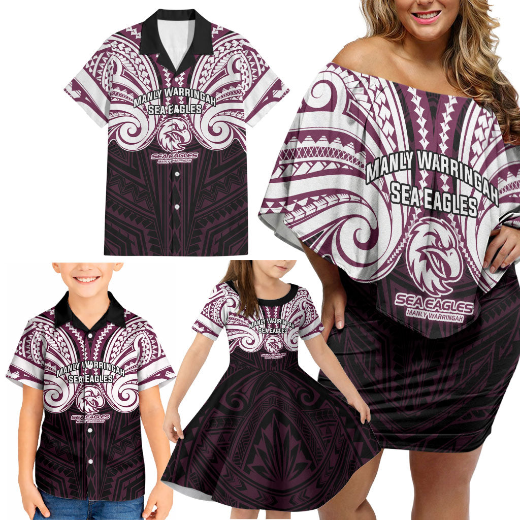 Custom Manly Warringah Sea Eagles Family Matching Off Shoulder Short Dress and Hawaiian Shirt Sea Eagle Warrior Polynesia Islander Rugby Mascot