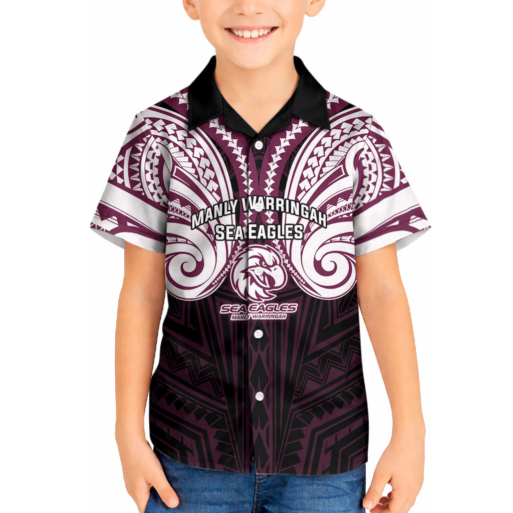 Custom Manly Warringah Sea Eagles Kid Hawaiian Shirt Sea Eagle Warrior Polynesia Islander Rugby Mascot