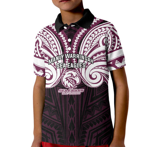 Custom Manly Warringah Sea Eagles Kid Polo Shirt Sea Eagle Warrior Polynesia Islander Rugby Mascot