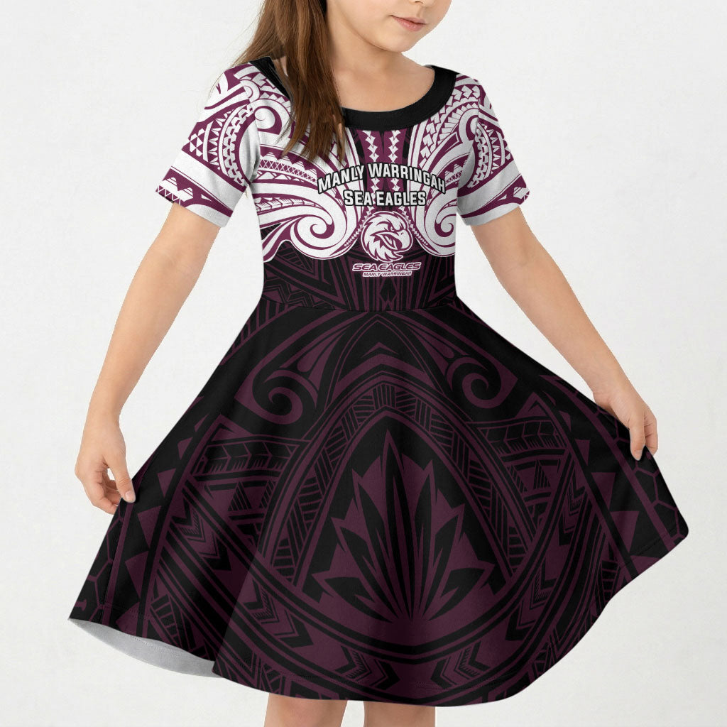 Custom Manly Warringah Sea Eagles Kid Short Sleeve Dress Sea Eagle Warrior Polynesia Islander Rugby Mascot