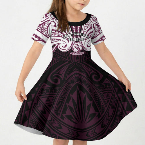 Custom Manly Warringah Sea Eagles Kid Short Sleeve Dress Sea Eagle Warrior Polynesia Islander Rugby Mascot